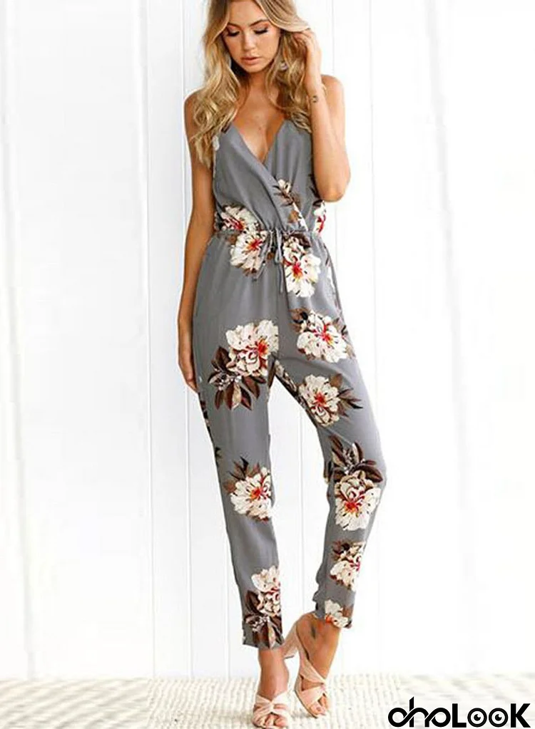 Casual V Neck Sleeveless Backless Floral Printed Jumpsuit