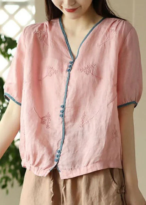 Pink Button Patchwork Linen Shirt Top Embroideried Summer