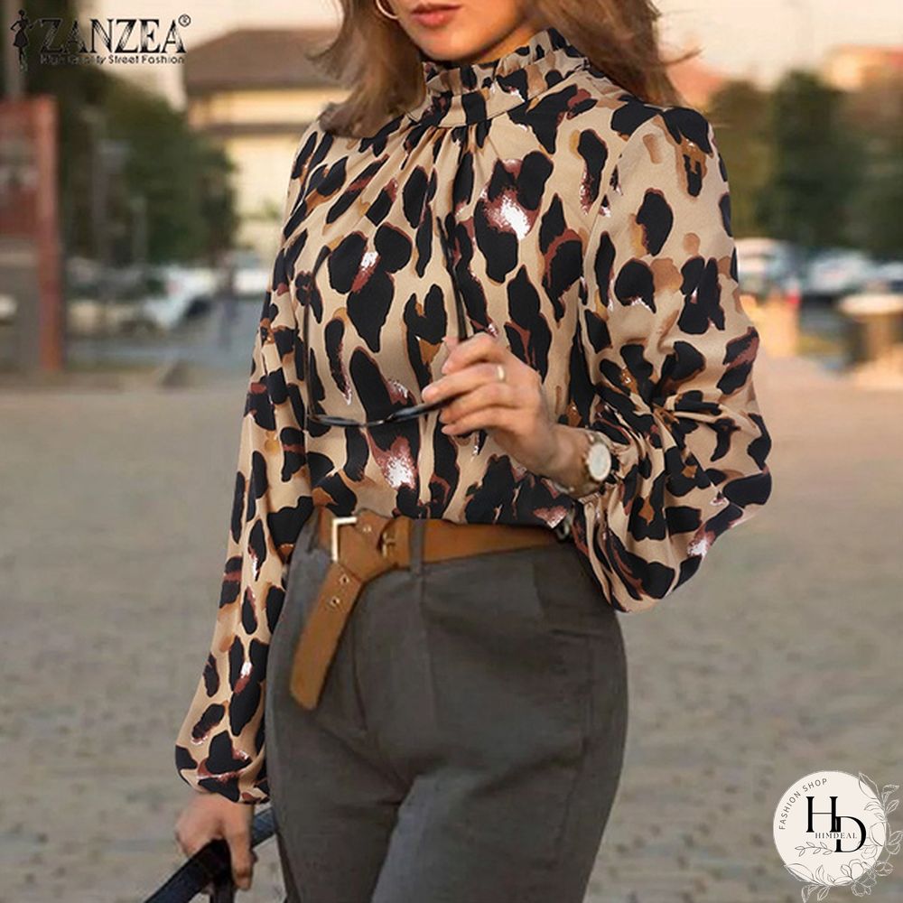 ZANZEA Women Leopard Print Blouse Spring Summer Long Puff Sleeve Tops Casual Loose Turtleneck Oversized