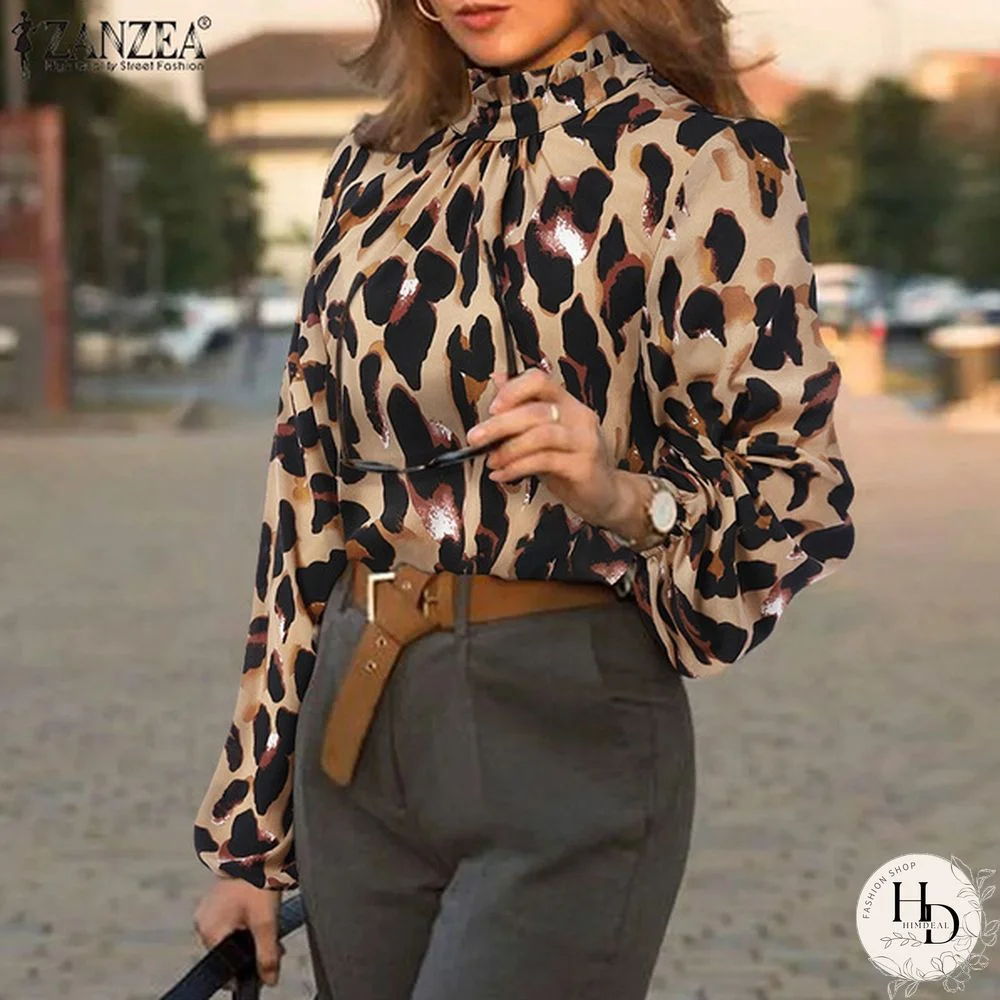 ZANZEA Women Leopard Print Blouse Spring Summer Long Puff Sleeve Tops Casual Loose Turtleneck Oversized