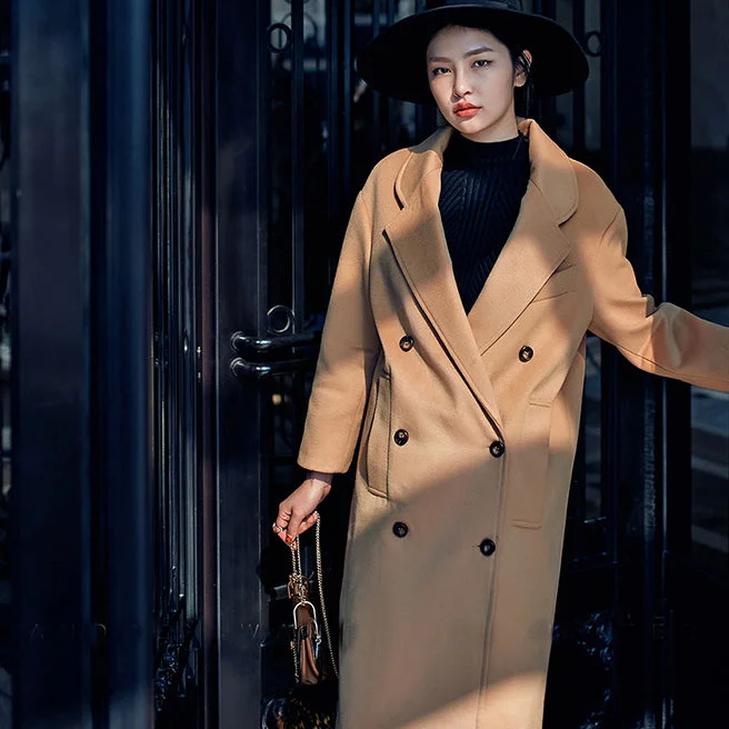 Elegant khaki Coats oversize Notched Wool Coat Fashion double breasted Wool Coat