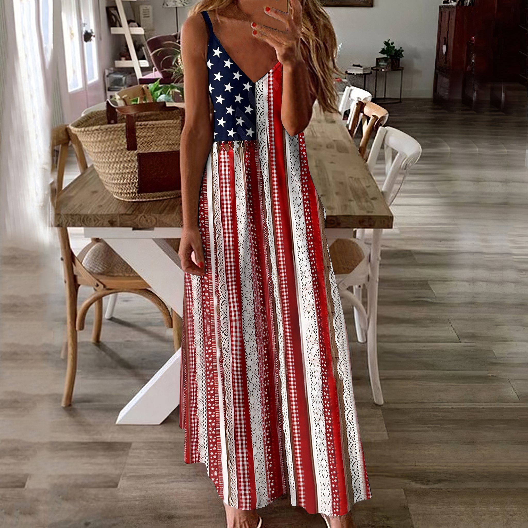 Comstylish Women's Vintage Independence Day Flag Floral Patch Tank Dress