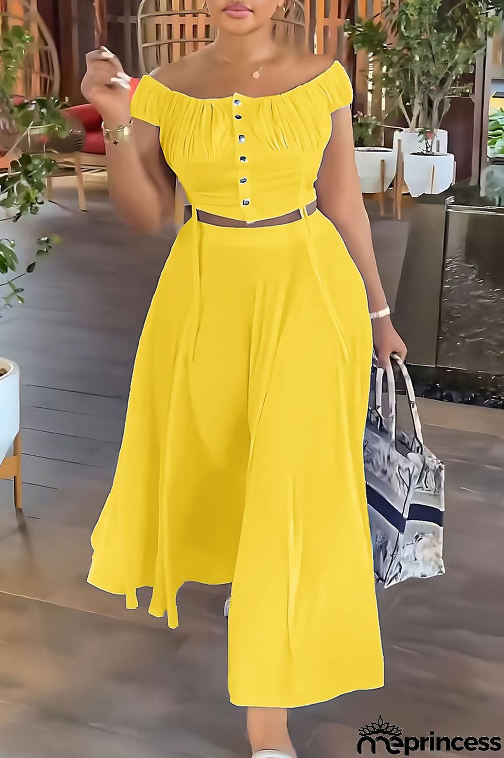 Blue Elegant Solid Patchwork Draw String Buckle Off the Shoulder Short Sleeve Two Pieces