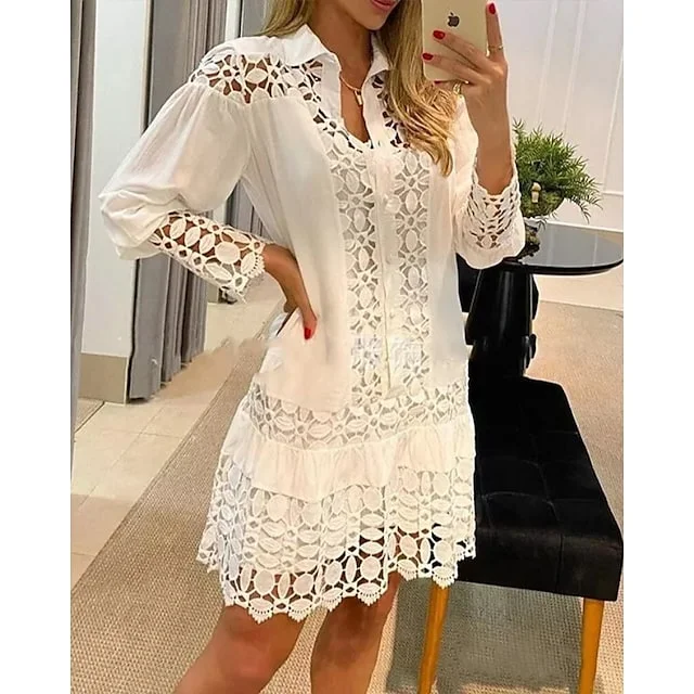 Women's Shirt Dress Casual Dress Midi Dress White Blue Green Long Sleeve Pure Color Ruched Spring Summer Shirt Collar Basic Daily Date Vacation Loose Fit 2023 S M L XL XXL 3XL