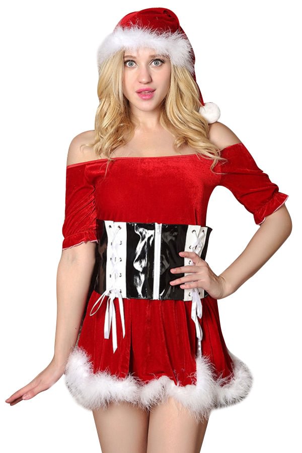 Womens Sexy Adult Off Shoulder Corset Christmas Santa Costume Red-elleschic