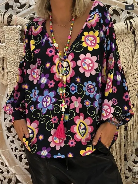 Women Loose Slim V-neck Print Puff Sleeve Long Sleeve T-shirt Tops