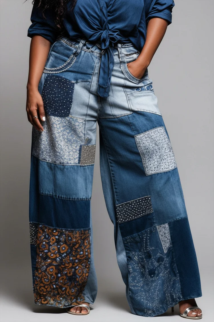 Xpluswear Design Plus Size Party Blue Colorblock Contrast Casual Pocket Denim Jeans 2024 - Xpluswear