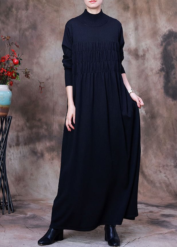 Fitted Black wrinkled Turtle Neck Knit Holiday Dresses