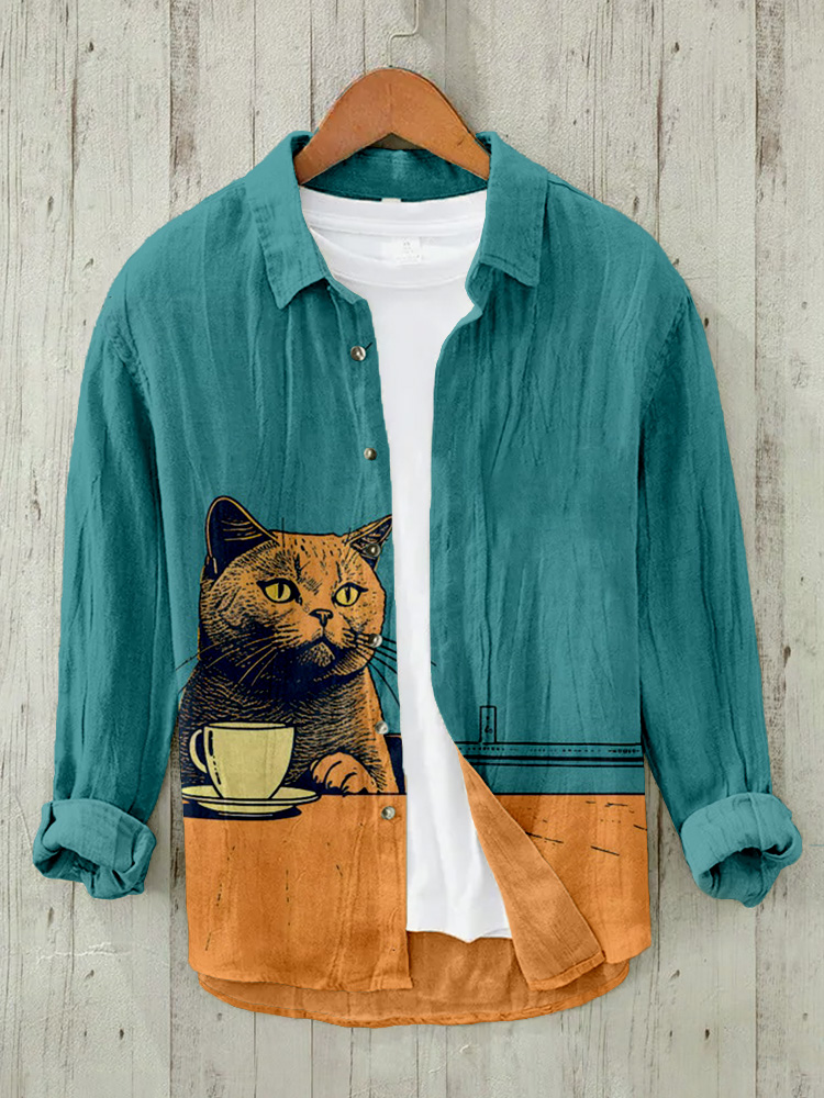  British Short Hair Cat Chilling with Coffee Linen Blend Blouse Westsshops