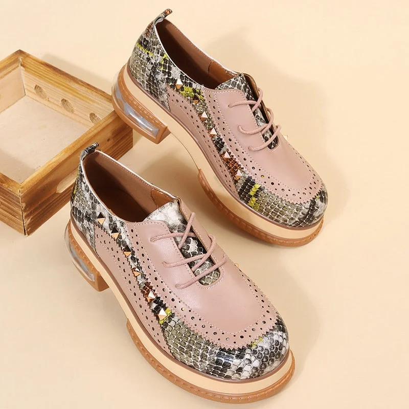 35~43 Big Size Vintage British Style Oxfords Round Toe Gold Green Pink Lady Lace Up Brogues Loafers Casual Shoes For Women