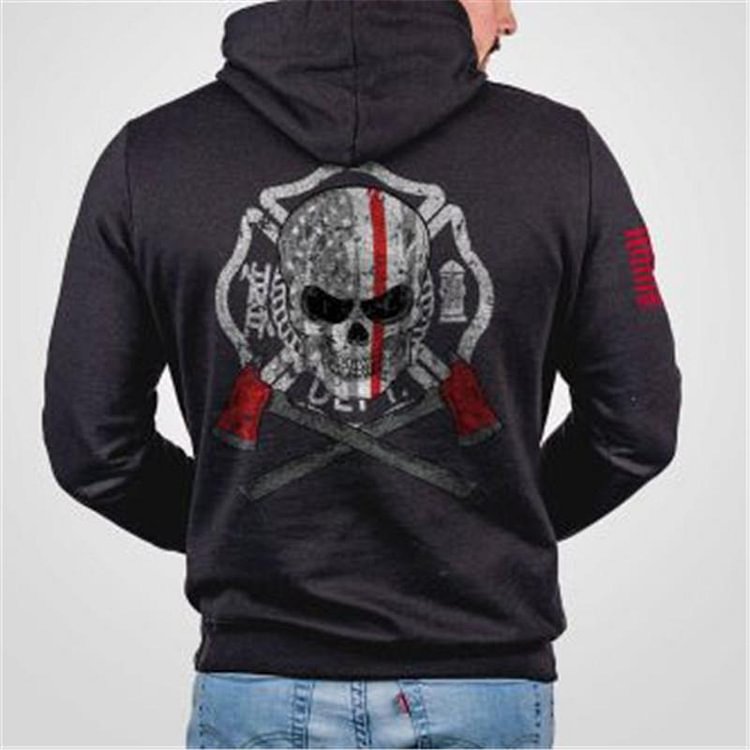 Dark skull print long-sleeved hooded sweatshirt