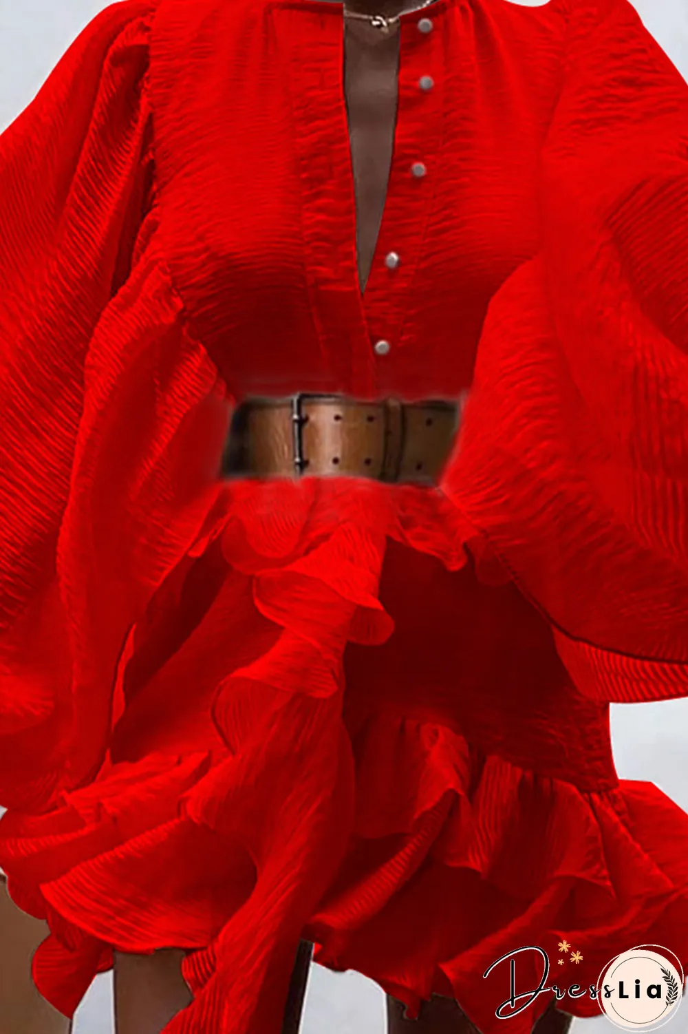 Fashion Elegant Solid Buckle Flounce With Belt O Neck A Line Dresses(3 Colors)
