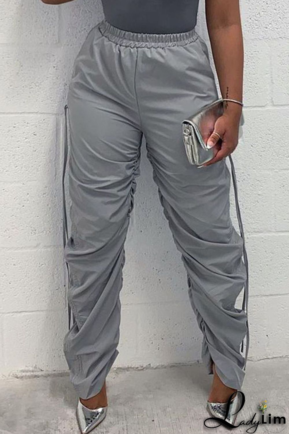 Green Casual Solid Patchwork Draw String Fold High Waist Pencil Solid Color Bottoms