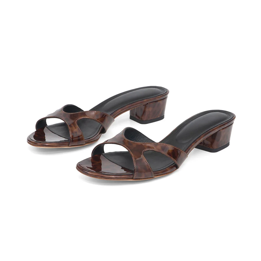 Tortoiseshell Print Open Toe Cut-Out Block Heel Mules Sandals
