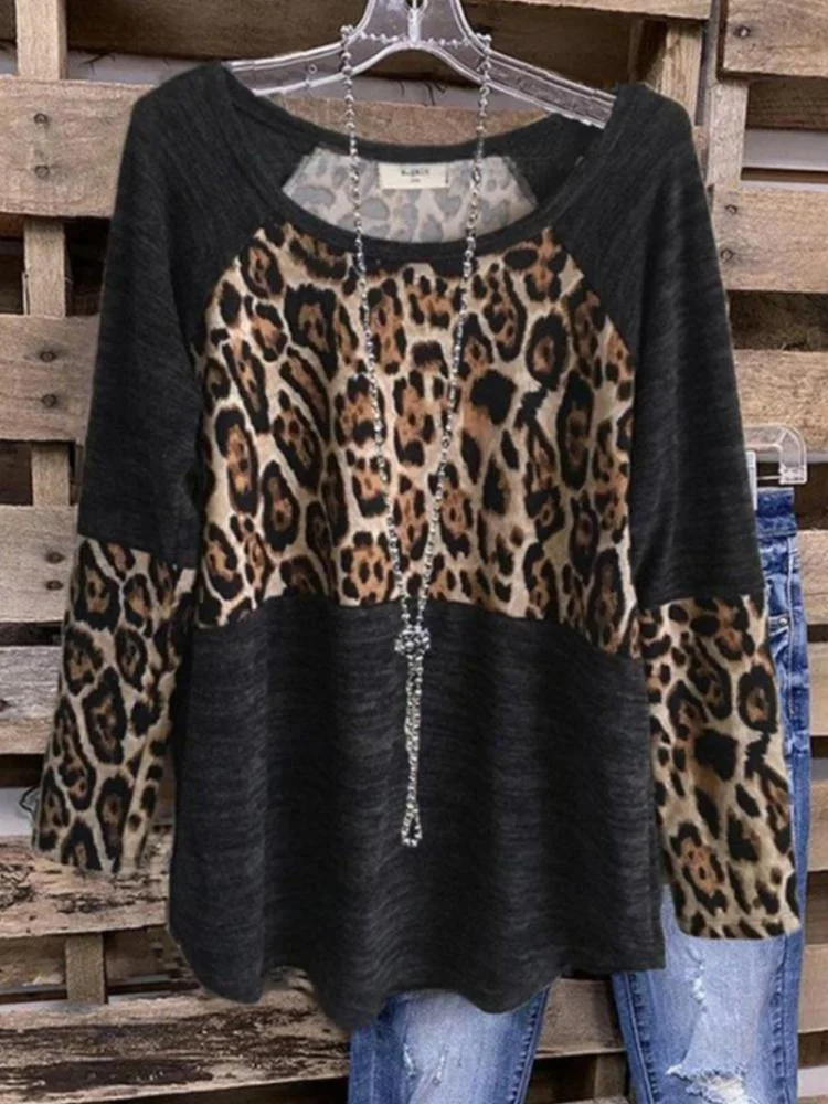 Leopard Print Panels Urban Casual Black Cropped Sleeves Over The Top For Women T