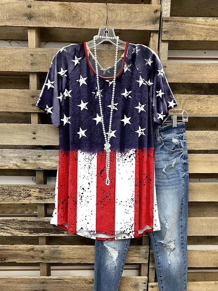 Women's Crew Neck Flag Print Short Sleeve T-Shirt