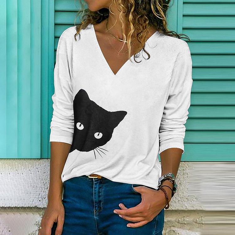 Comstylish Cat Print V-Neck Long Sleeve Casual T-Shirt