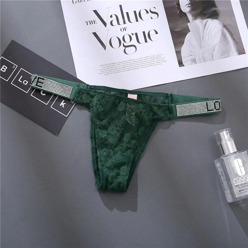 FINETOO Sexy Women Rhinestone Panties G-string Crystal Underwear Lace Pantys Femme Perspective Thong Letter Tanga Girl Lingerie