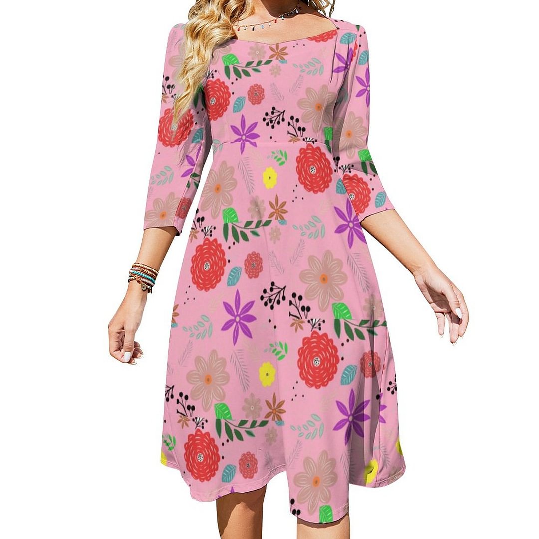 Pink Doodle Art Fun Flowers Floral Dress Sweetheart Tie Back Flared 3/4 Sleeve Midi Dresses