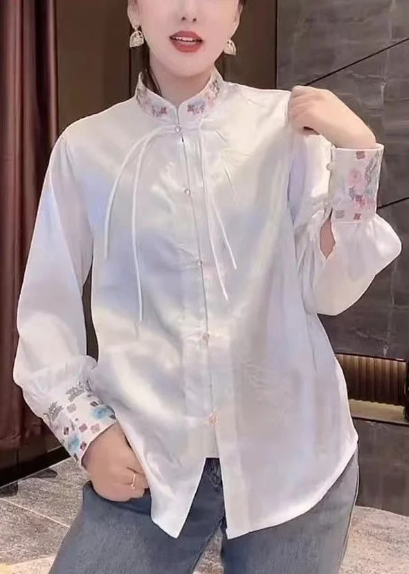 Jacquard White Stand Collar Embroidered Button Silk Shirt Spring