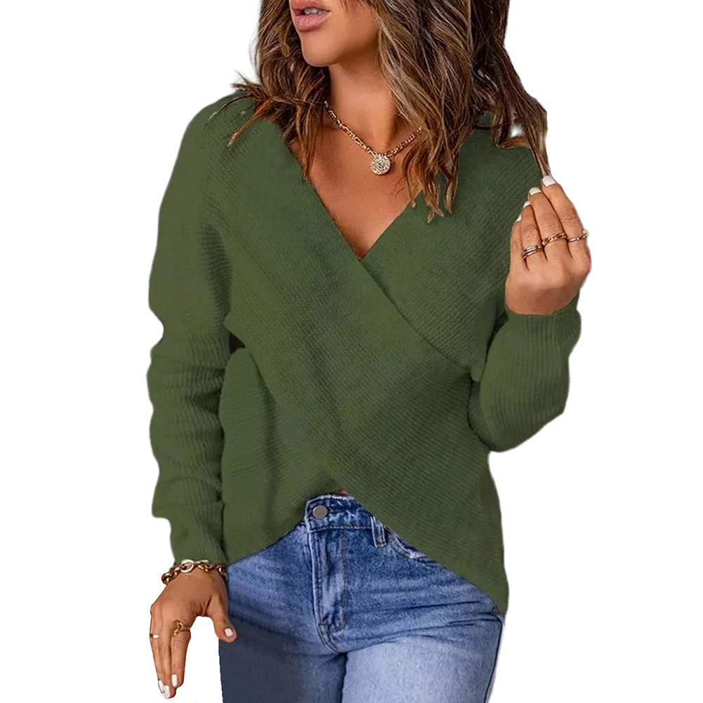 Army Green V Neck Cross Wrap Knit Sweater