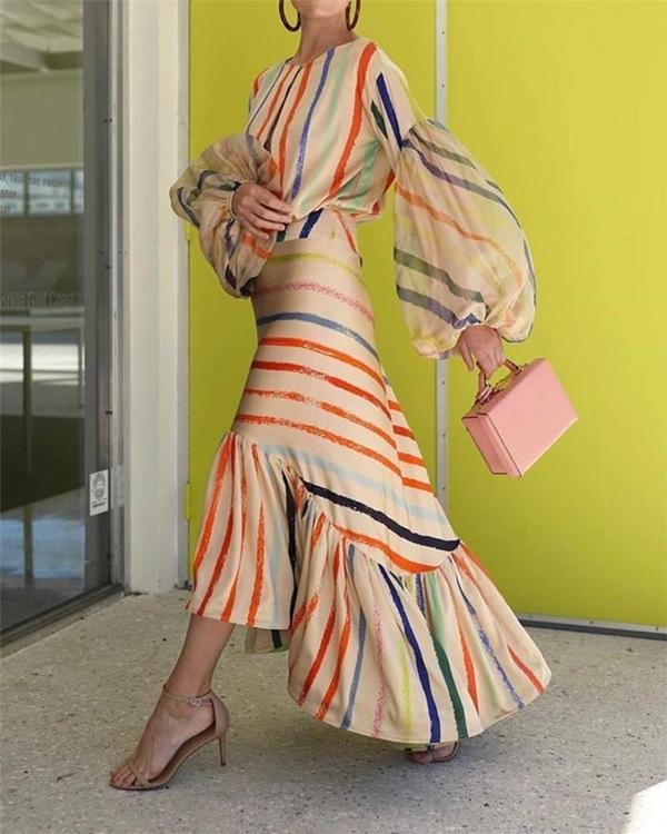 Fashion Colorful Stripe Stitched Lantern Sleeve Casual Dress - Chicaggo