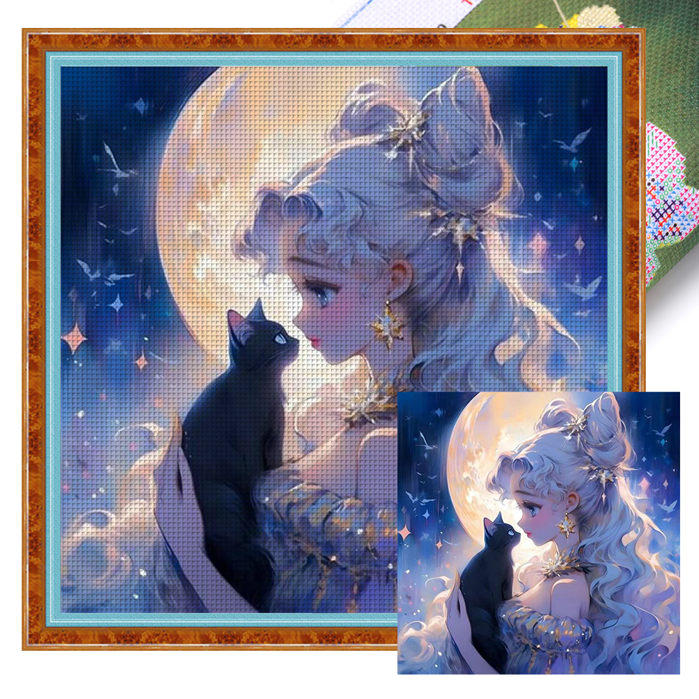 Moon Princess And Black Cat Full 9CT Pre-stamped Canvas(50*50cm) Cross Stitch
