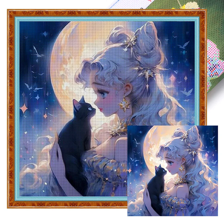 【Huacan Brand】Moon Princess And Black Cat 9CT Stamped Cross Stitch 50*50CM