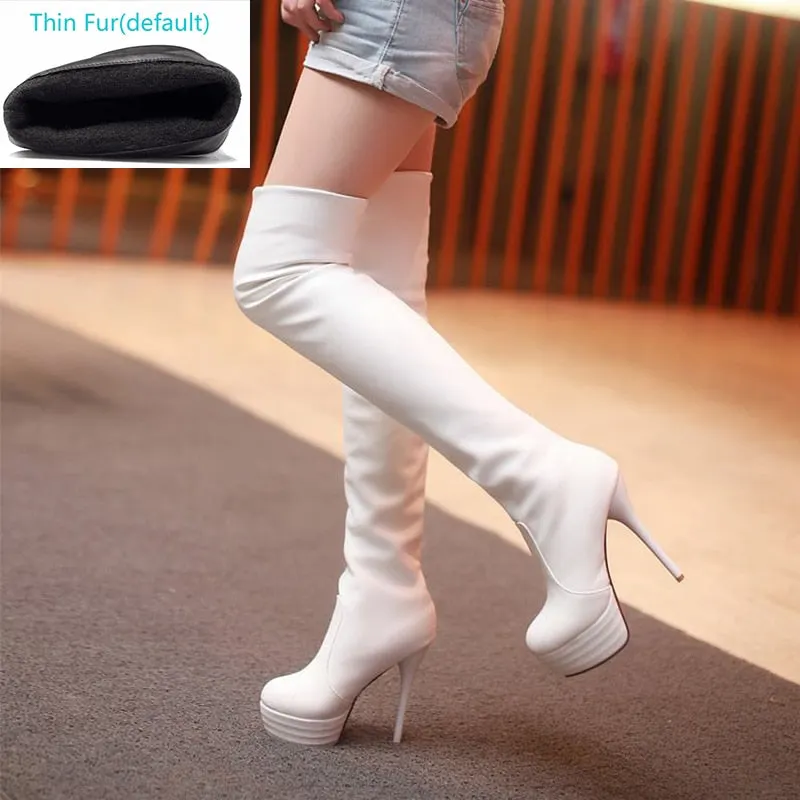 BONJOMARISA Plus Size 32-46 Lady Sexy Over Knee Thigh High Boots Women Autumn Fashion Thin High Heels Platform Women Shoes Woman
