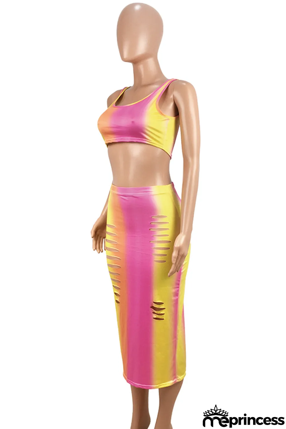 Ombre Sexy Fashion Tank Sleeveless O neck Step Skirt Mid-Calf hollow out Print Fluorescent hole backless