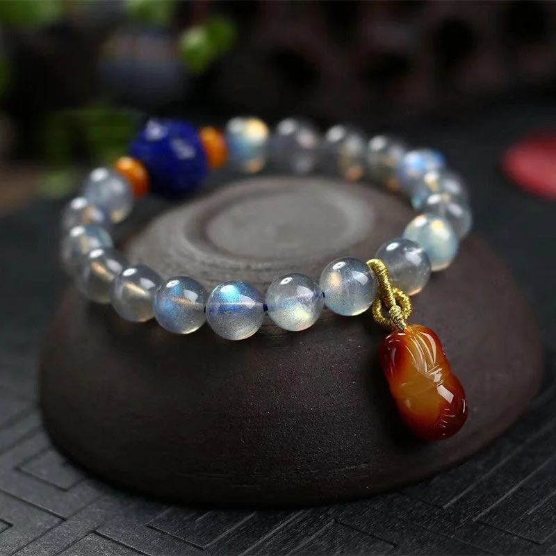 Natural Moonstone Lazurite Amber Calm Healing Positive Bracelet