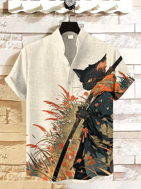 Men's Samurai Cat With Sword In Retro Autumn Scenery Art Print Casual Shirt