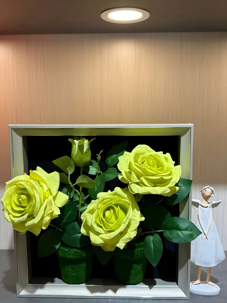 Yellow-Green Rose Realistic Framed Flower Art (11.8*11.8 in) - 3D Artificial Flower Decoration for Living Room & Entryway