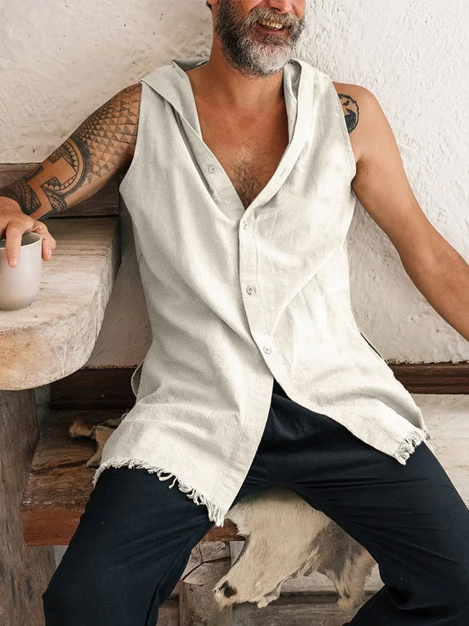 Men's Casual Solid Color Loose Cotton And Linen Hooded Sleeveless Vest 