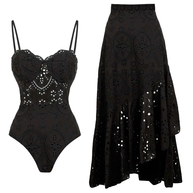 Black Laser Cut Hollow One Piece Swimsuit and Skirt