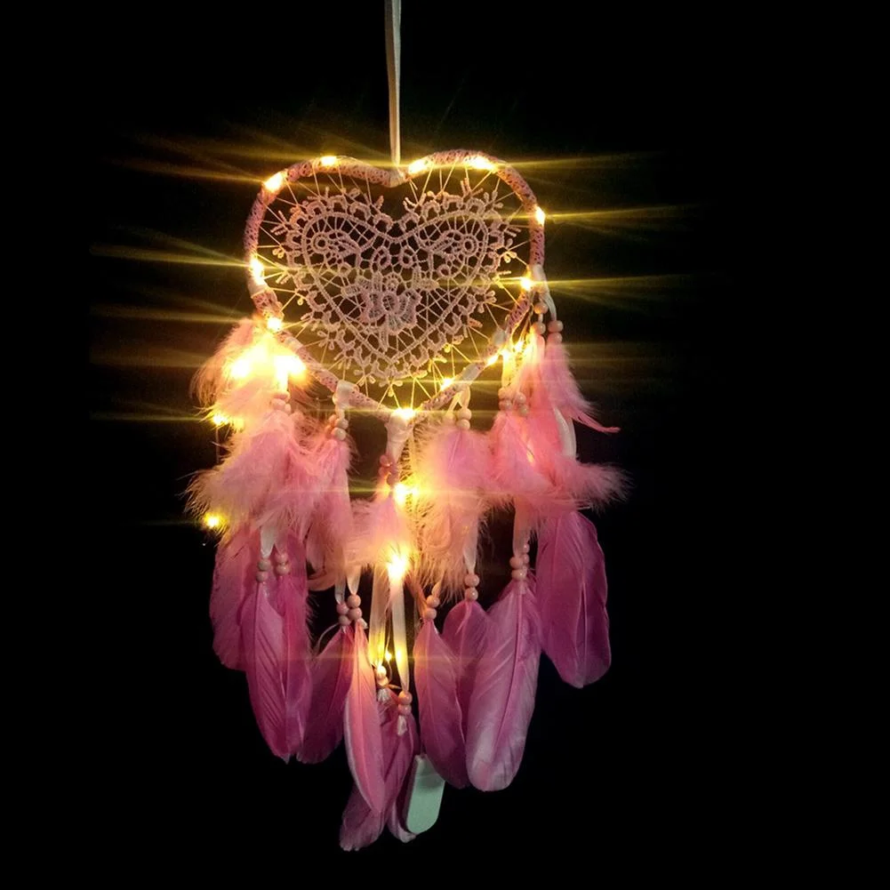 Heart Dream Catcher LED Light Feathers Wall Hanging Dreamcatcher (Pink)