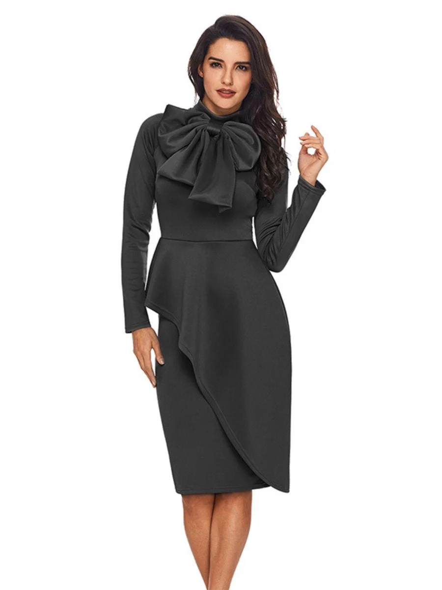 Women's Dress Bowknot Neck Long Sleeve Irregular Ruffle Midi Pencil Dress