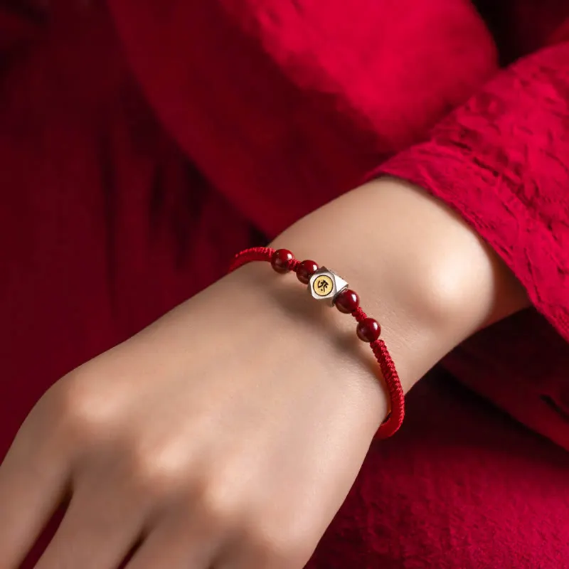925 Sterling Silver Chinese Zodiac Natal Buddha Cinnabar Calm Bracelet