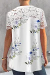 Plus Size Floral Print Lace Stitching Short Sleeve Button Up Blouse