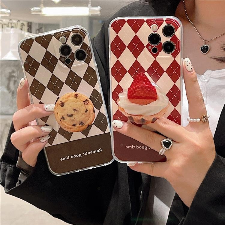 Strawberry&Cookies Holder Bracket Retro Plaid Case For iPhone