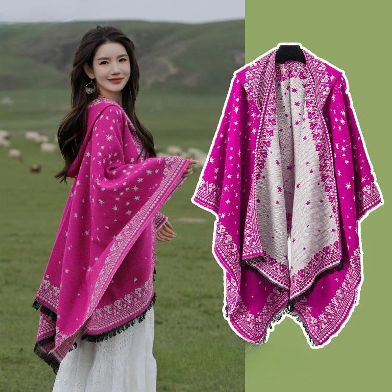 Ethnic Style Hooded Cape Women’s Yunnan Tibet Western Sichuan Grassland Bohemia Travel Wear Scarf Coat