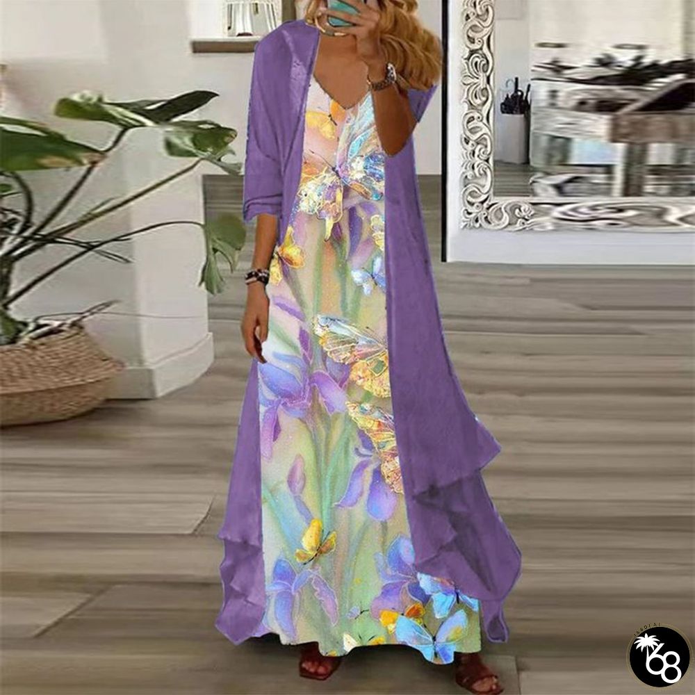 Purple Floral Print Maxi Dress With Thin Jacket Two Piece Outfits | 168DEAL
