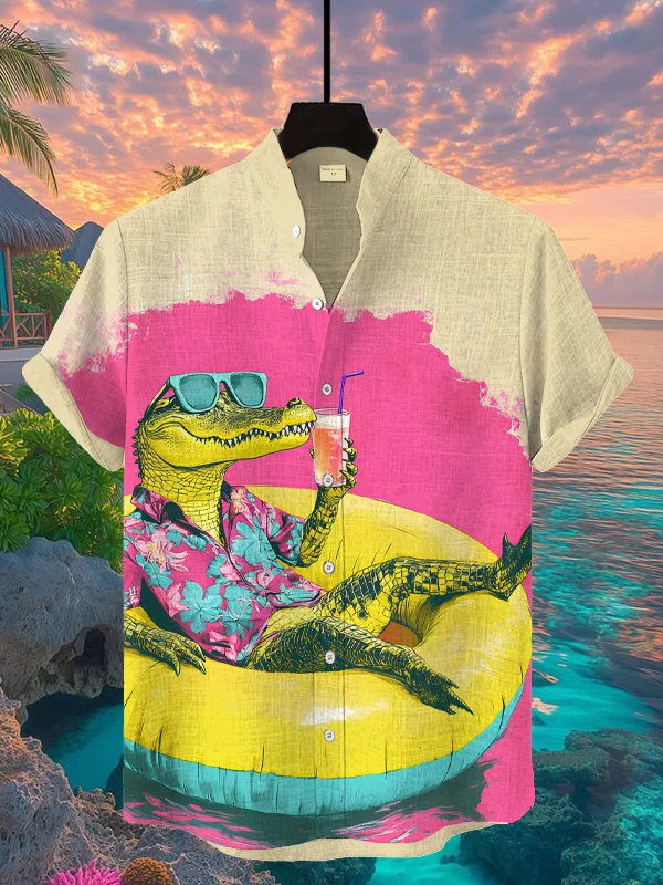 Men's Crocodile Lying On A Swimming Ring Drinking A Cocktail Art Print Casual Shirt