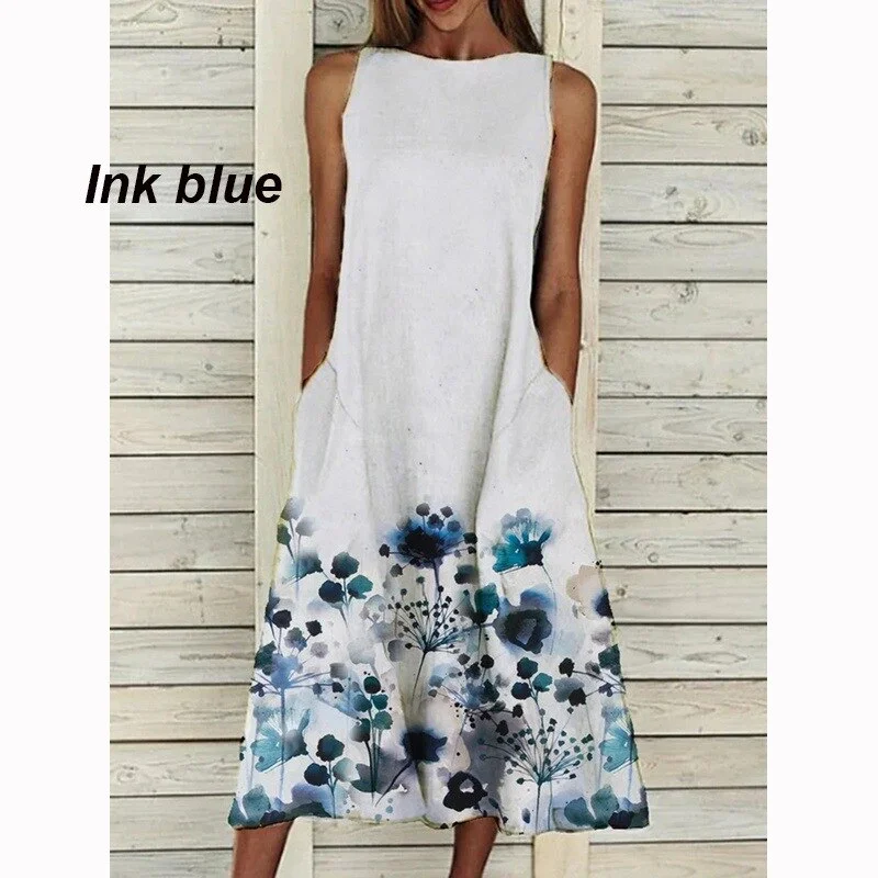 Dress 2022 O Neck Flower Print Summer Dresses For Women Fashion Pocket Sleeveless Dress Female Casual Loose Party Dress