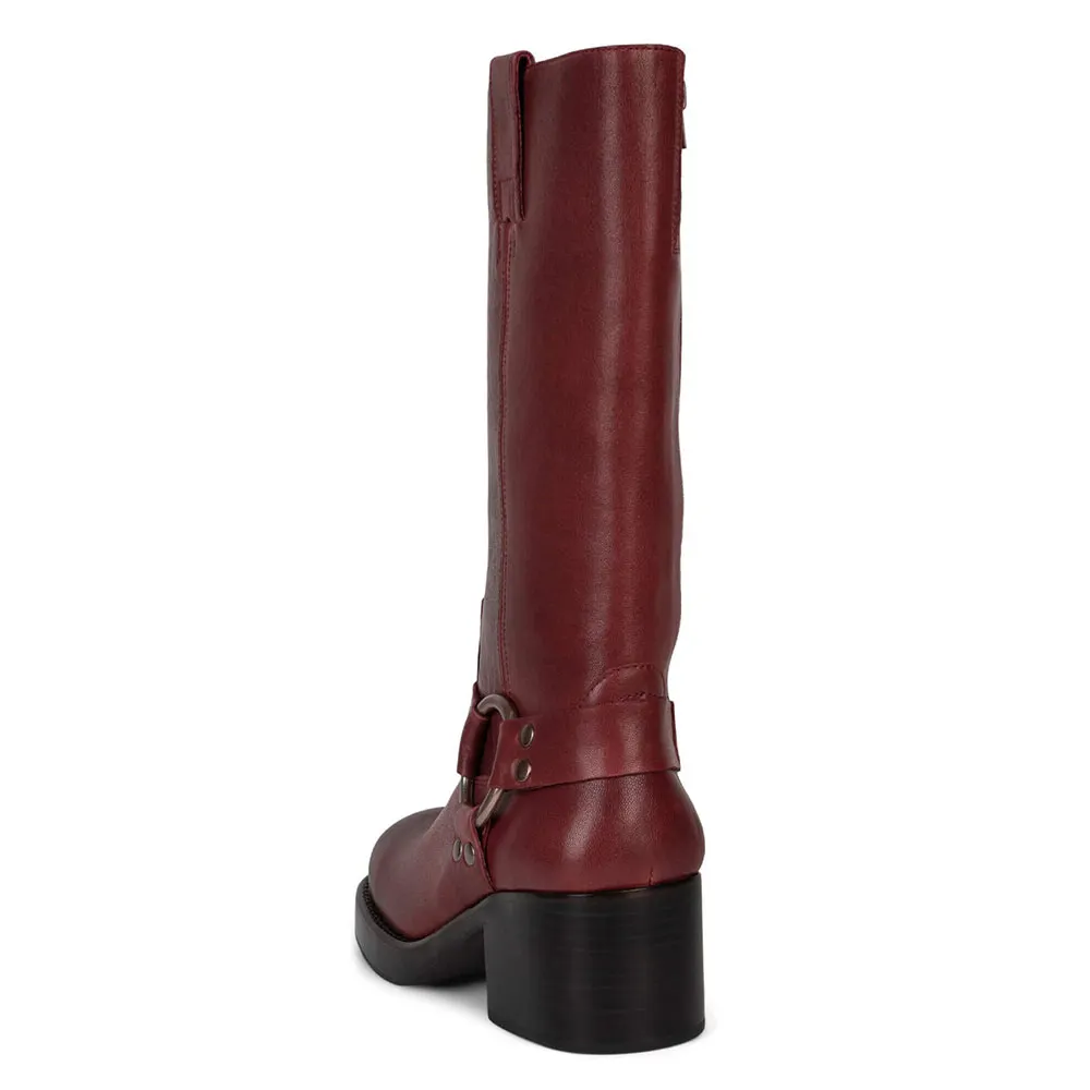 Maroon Hardware Strap Round Toe Block Heel Women's Motorcycle Boots