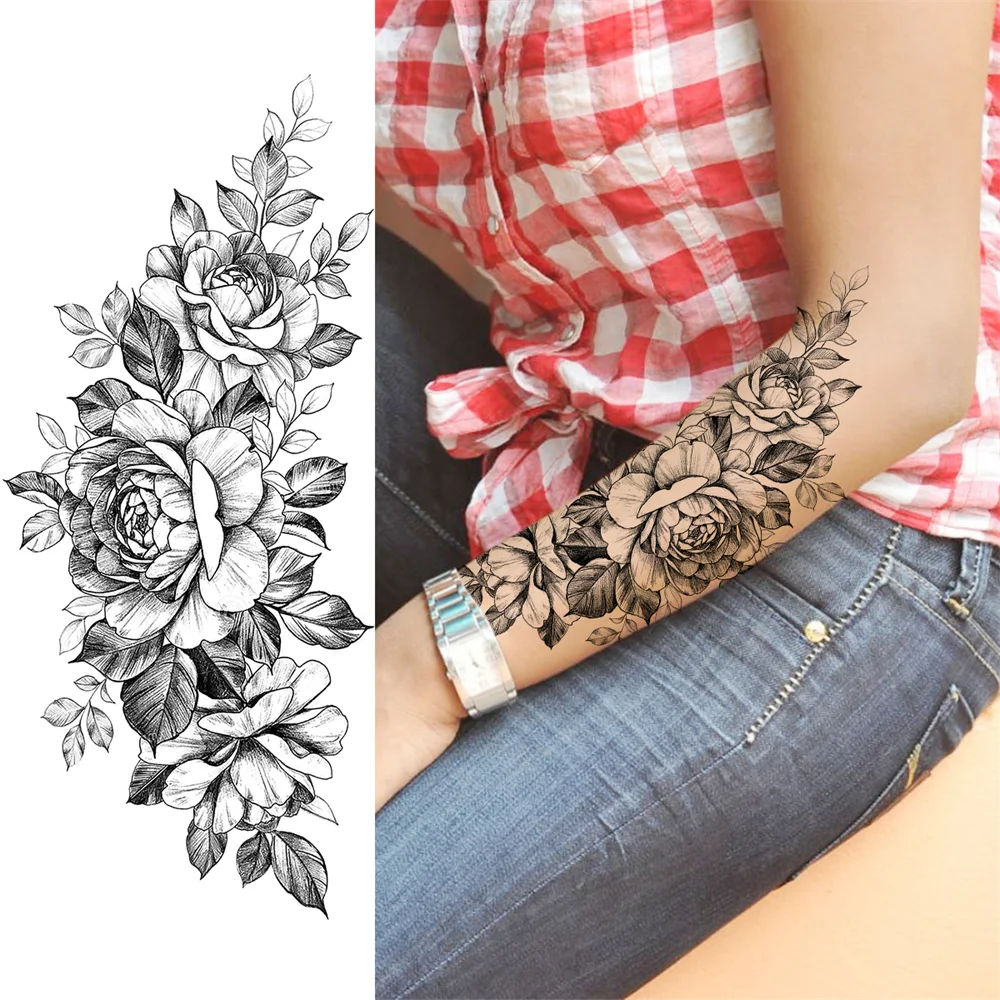 Sdrawing Sunflower Butterfly Temporary Tattoos For Women Adult Rose Flower Moon Fake Tattoo Arm Body Art Decoration Tatoo Paper