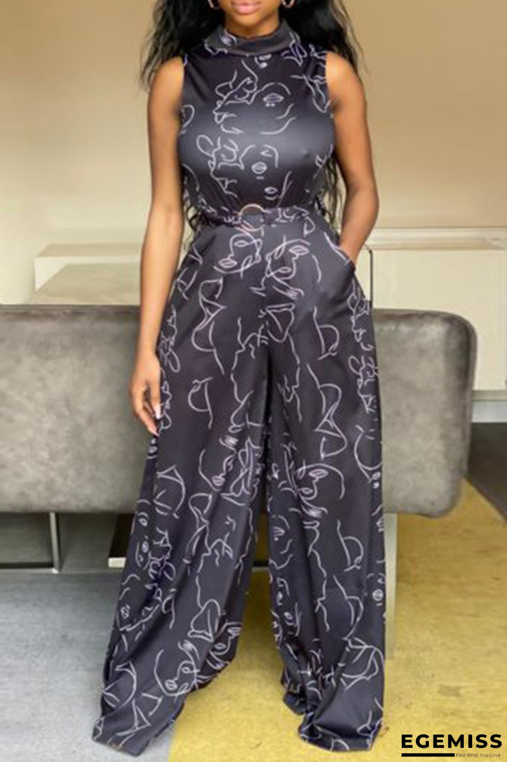 Black Casual Print Patchwork O Neck Straight Jumpsuits | EGEMISS