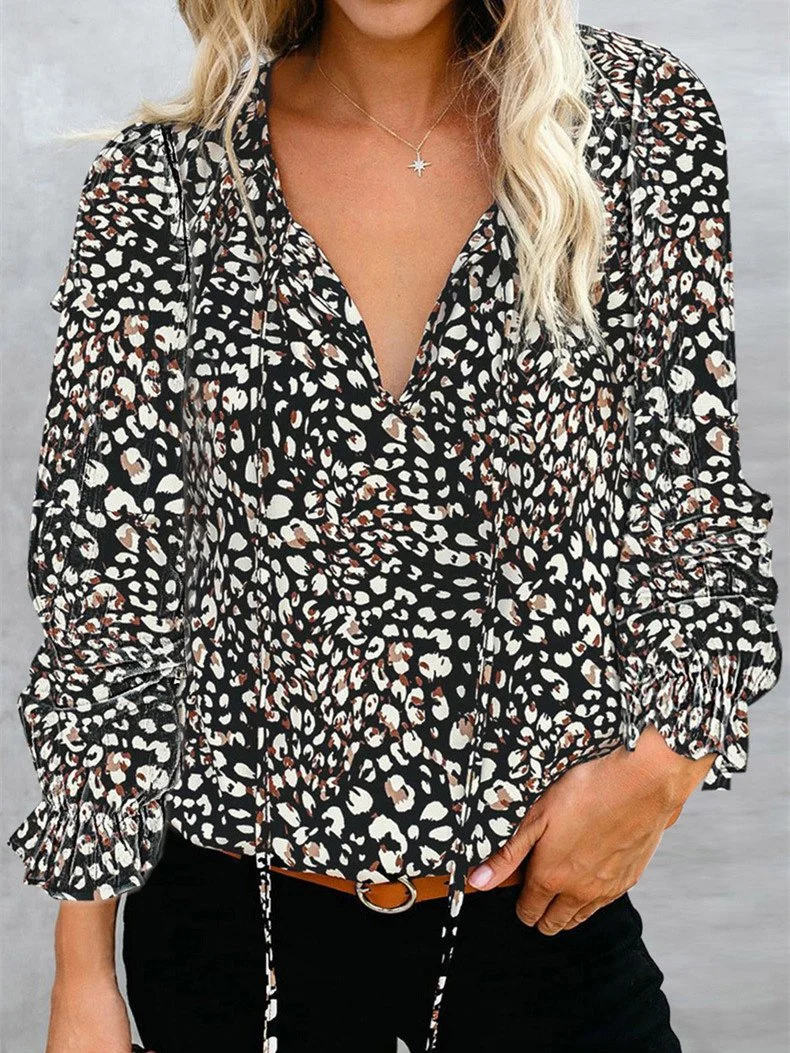 Women Long Sleeve V-neck Floral Printed Polka Dot Top