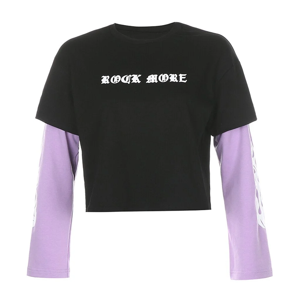 Female T-Shirt Patchwork Flame-Print Contrast-Color Harajuku Autumn Gothic Black Sweatshirt High Street Hip Hop Female Top
