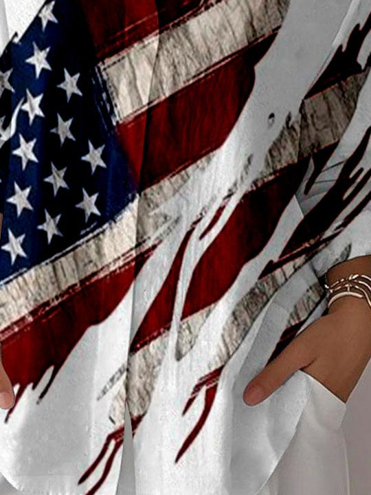 Women 3/4 Sleeve Shirt Collar National Flag Printed Graphic Button Tops